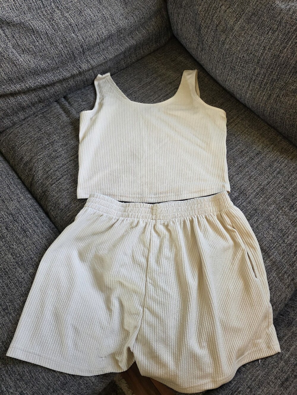 Cream Ribbed Tank & Shorts Lounge Set